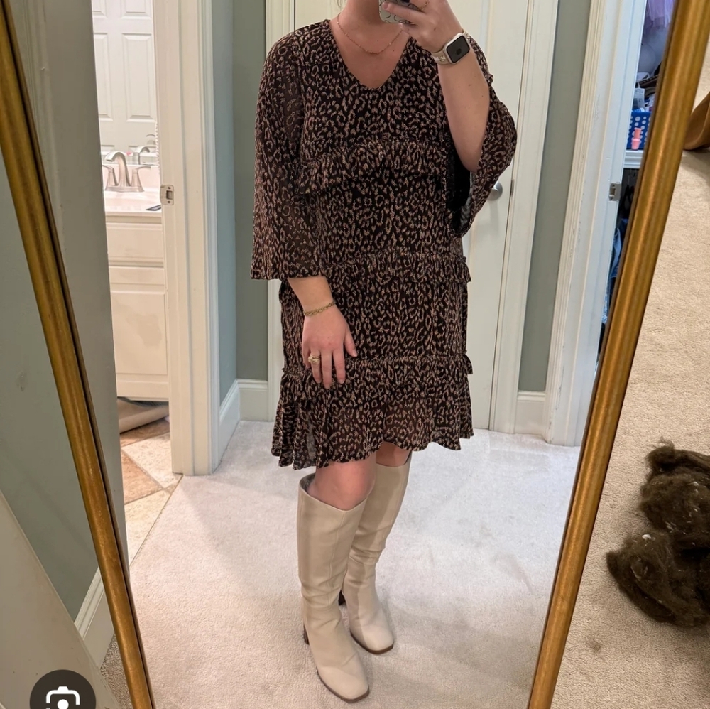 Anthropologie Flawless Black Brown Ruffle Dots V Neck Mini Dress S